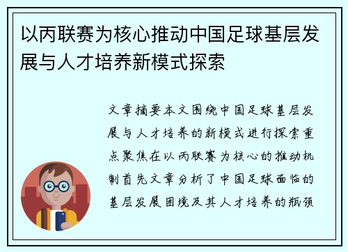 以丙联赛为核心推动中国足球基层发展与人才培养新模式探索