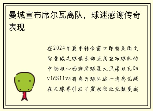 曼城宣布席尔瓦离队，球迷感谢传奇表现
