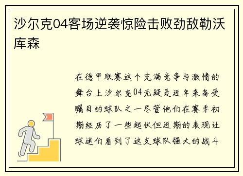 沙尔克04客场逆袭惊险击败劲敌勒沃库森